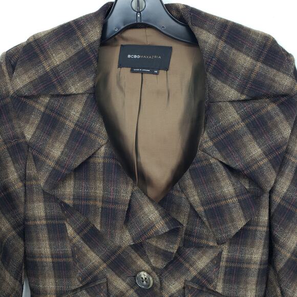 BCBGMaxazria Y2K Plaid Blazer Jacket XS Wool Ruffle Collar Brown Black BCBG - Picture 6 of 9